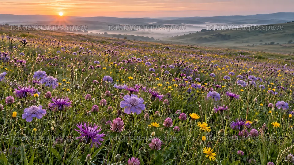 Colorful Wildflowers in a Misty Meadow at Sunrise – nature images 10324x5812