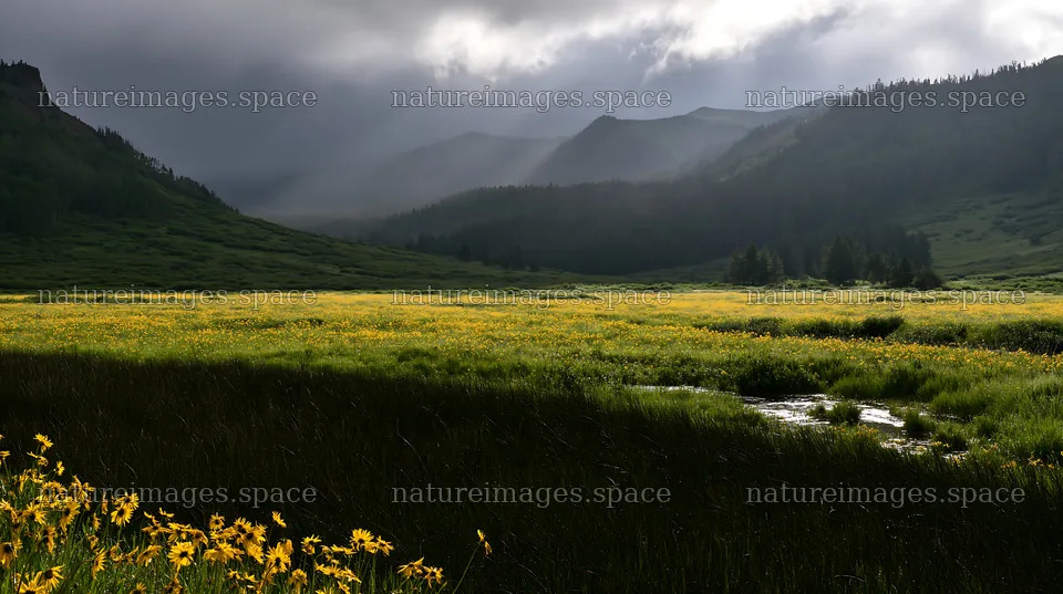 High contrast view of a brook meadow with wildflowers – nature images 10608x5938