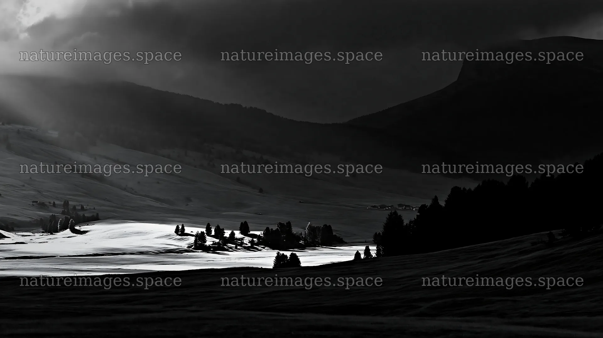 Sunbeams on Alpe di Siusi meadow during dark clouds – nature images 10608x5938