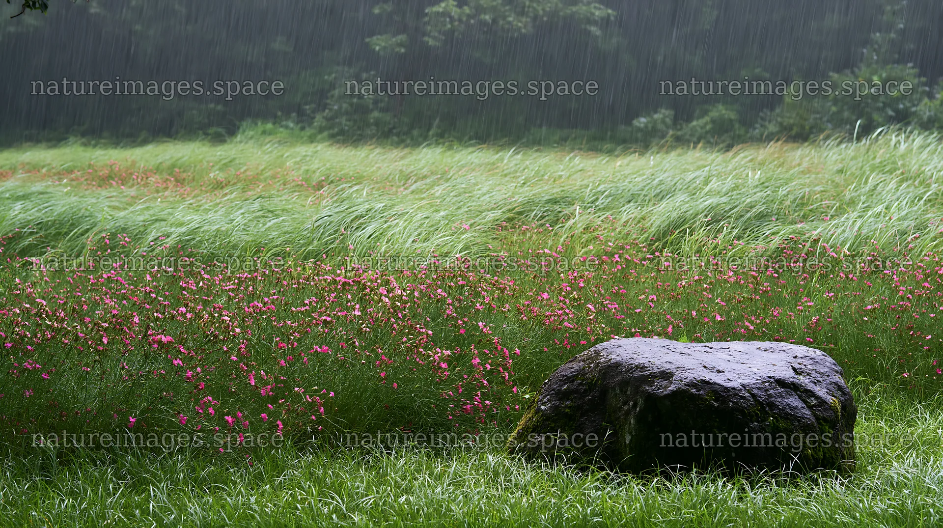 Hiroshima meadow with rain over smooth rocks and flowers – nature images 10608x5938