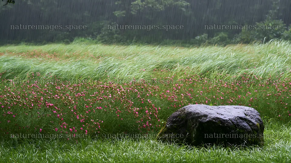 Hiroshima meadow with rain over smooth rocks and flowers – nature images 10608x5938