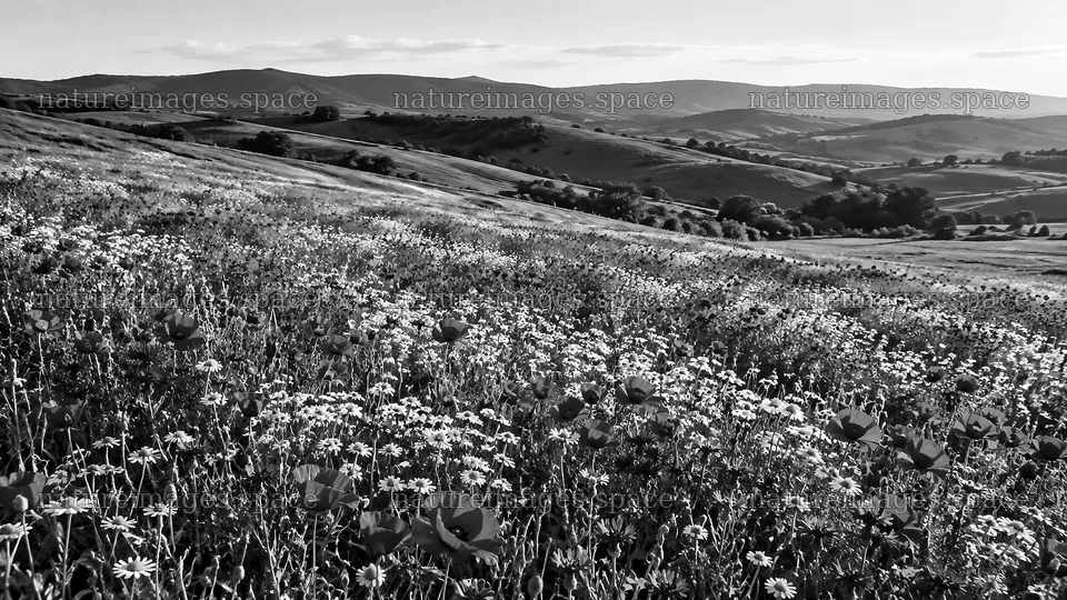 Black and White Wildflower Meadow on Rolling Hills – nature images 10324x5812