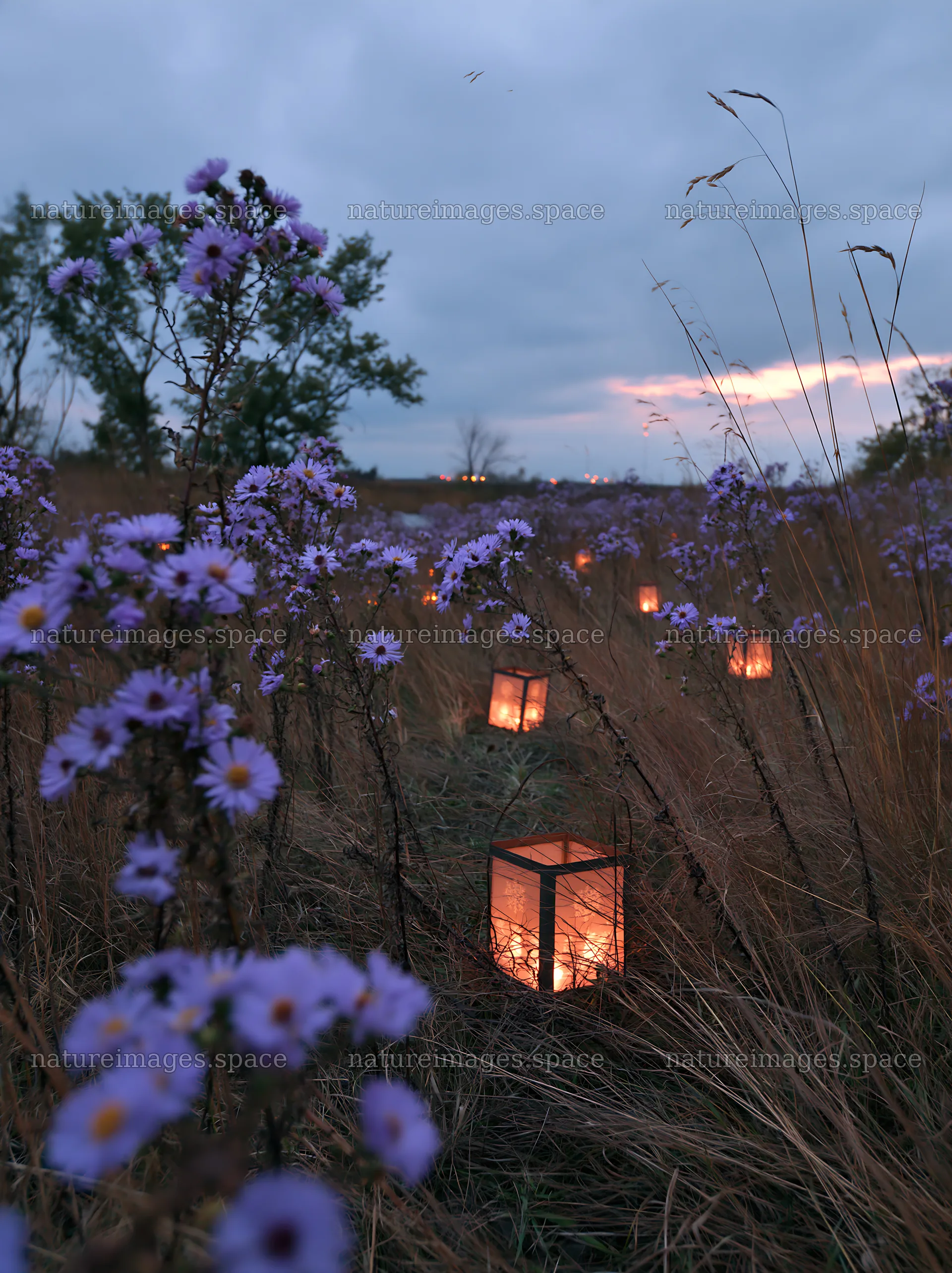 Christmas lanterns beside stream in meadow at dusk – nature images 6866x9174