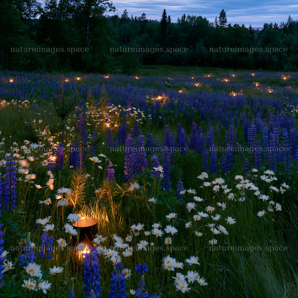 Expansive Christmas meadow with lanterns above a forest – nature images 7938x7938