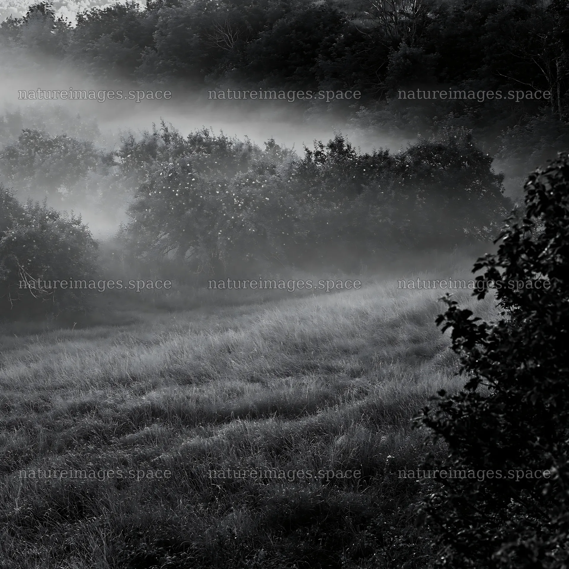 Misty apple meadow in the valley at dawn – nature images 7938x7938