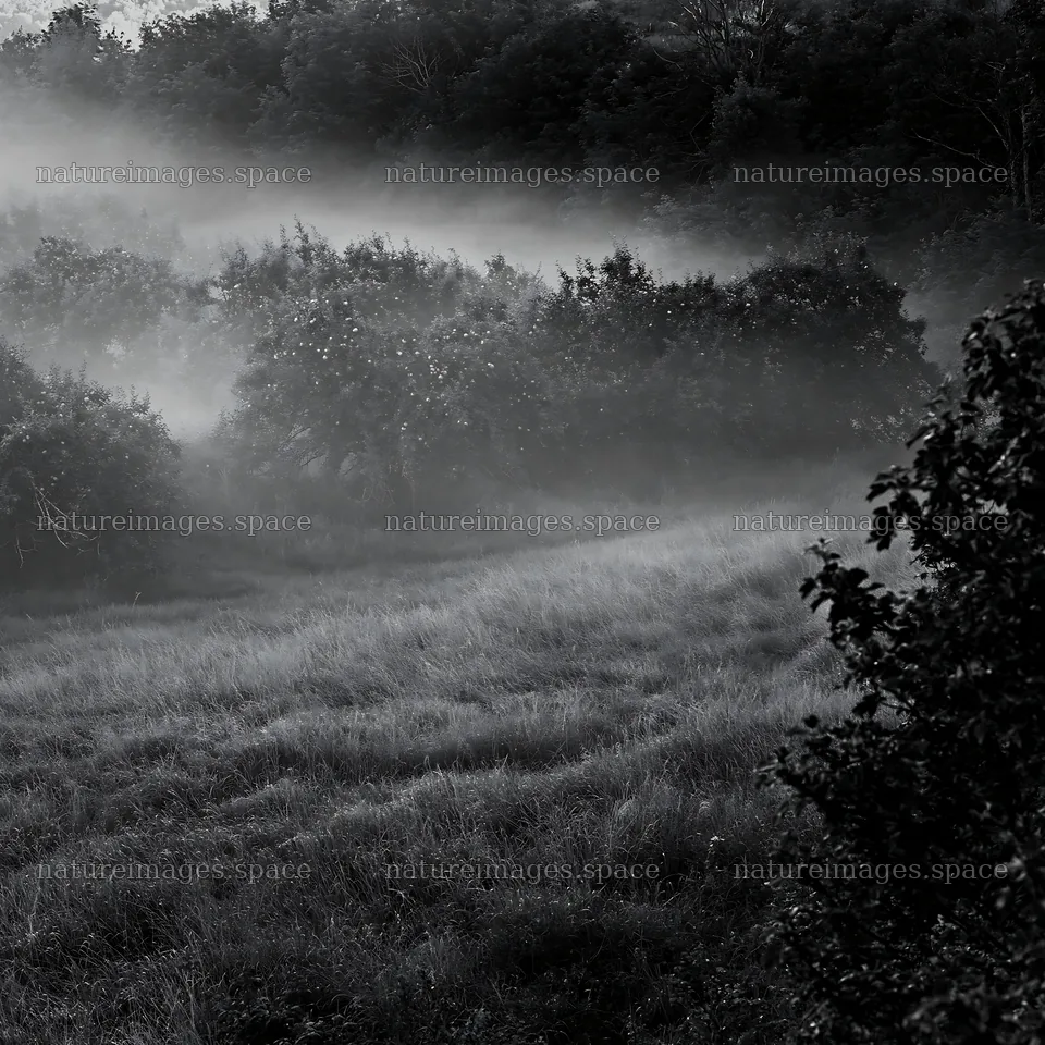 Misty apple meadow in the valley at dawn – nature images 7938x7938