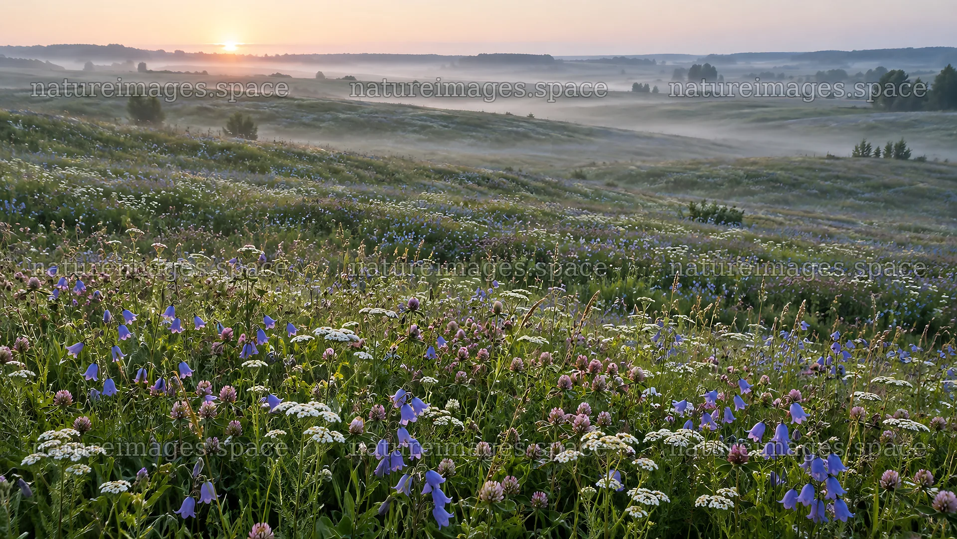 Wildflower Meadow in Morning Mist at Sunrise – nature images 10324x5812