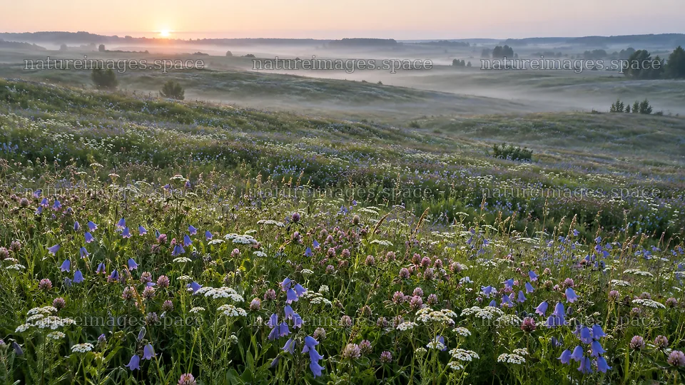 Wildflower Meadow in Morning Mist at Sunrise – nature images 10324x5812