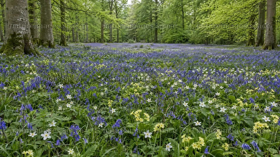 Spring Wildflowers Across a Shaded Forest Floor – nature images 10324x5812