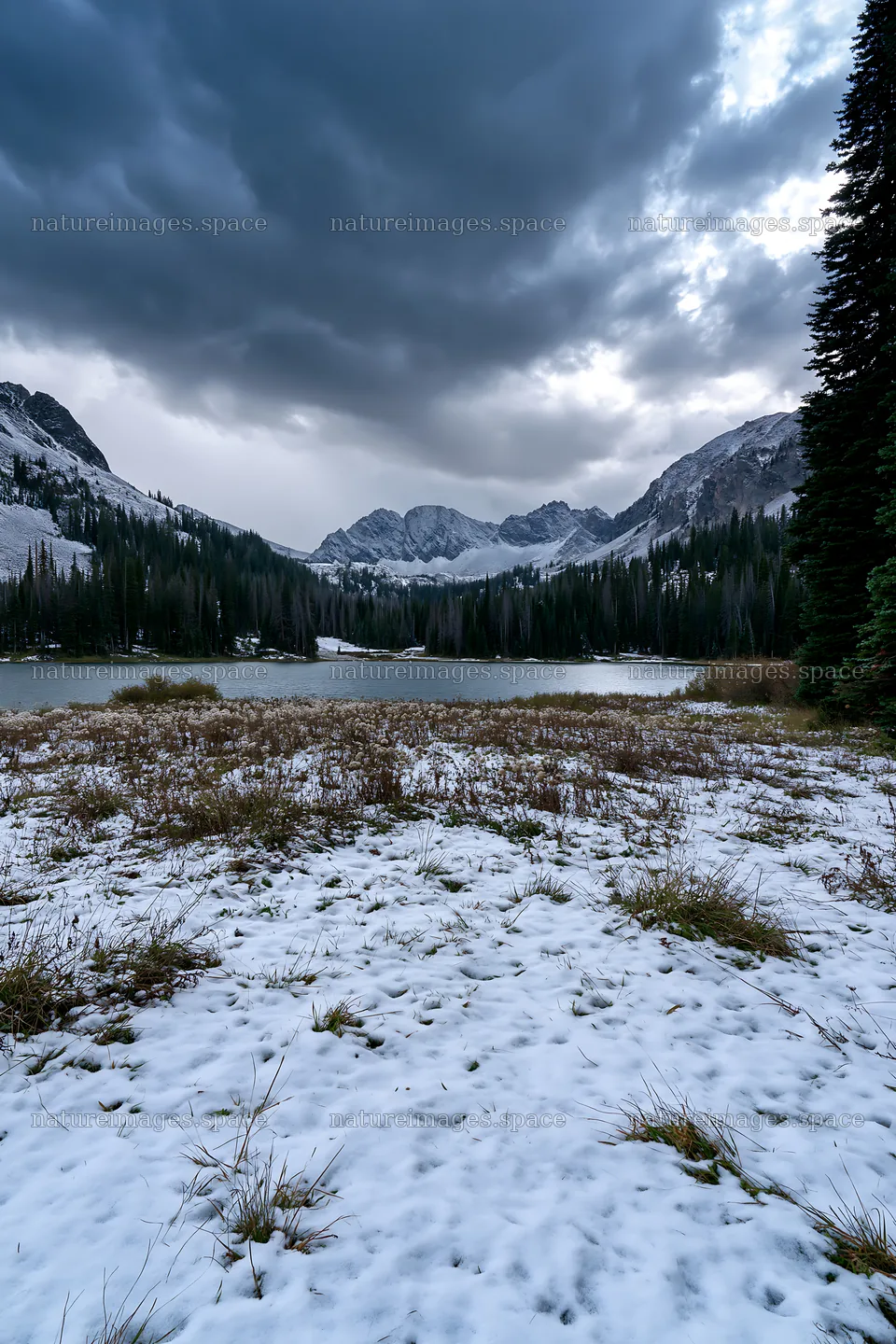 Snowy lakeside meadow with mountains and cloudy sky – nature images 6480x9722