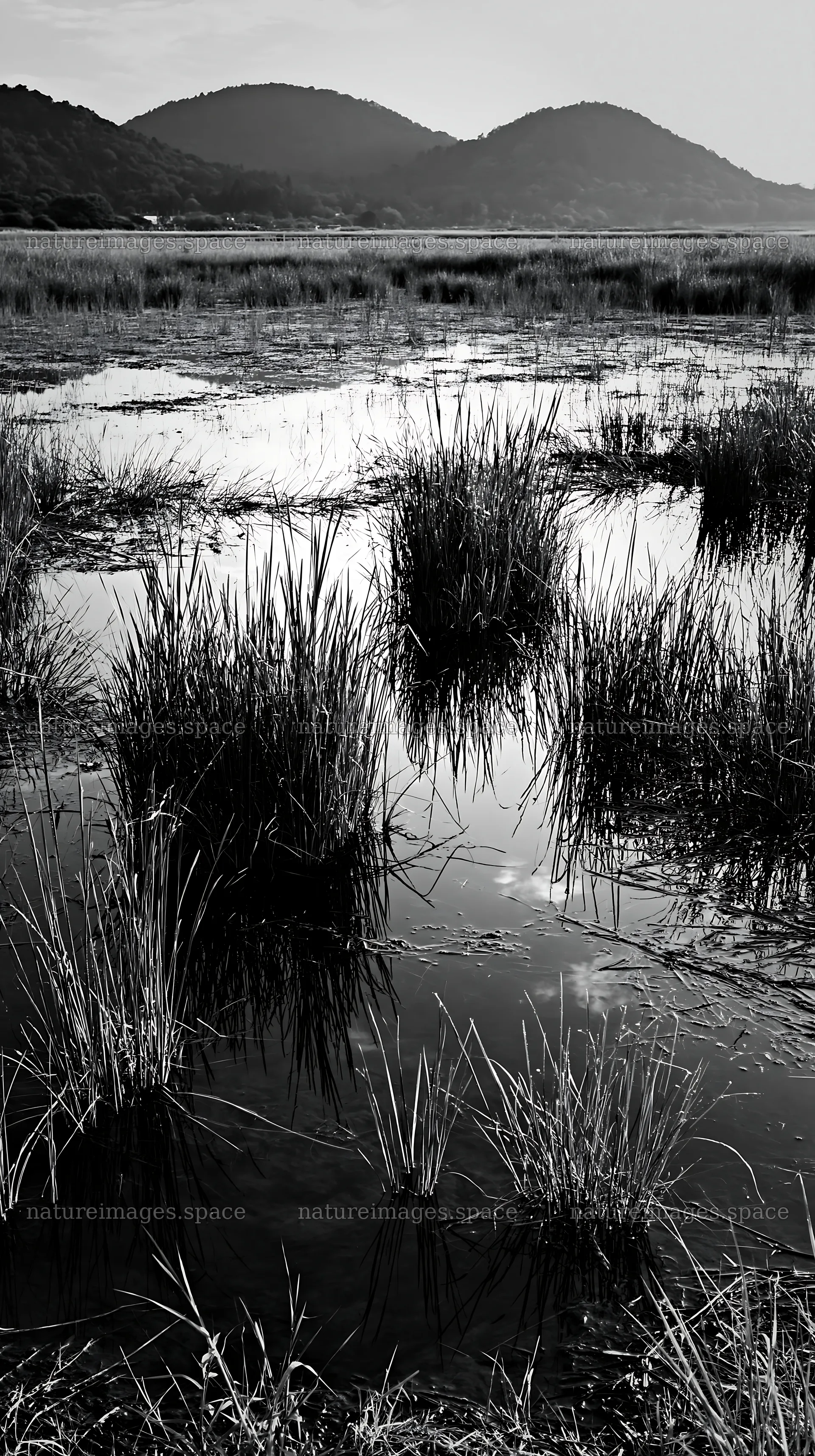 Shiga wetland meadow climate adaptation reeds grow in water – nature images 5938x10608