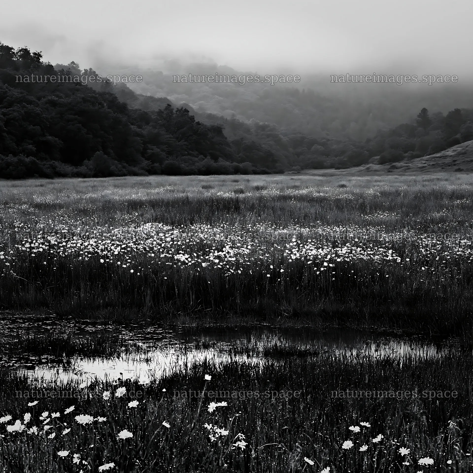 Cloudy foothill meadow with wildflowers under gray skies – nature images 7938x7938