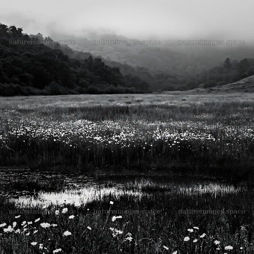 Cloudy foothill meadow with wildflowers under gray skies – nature images 7938x7938