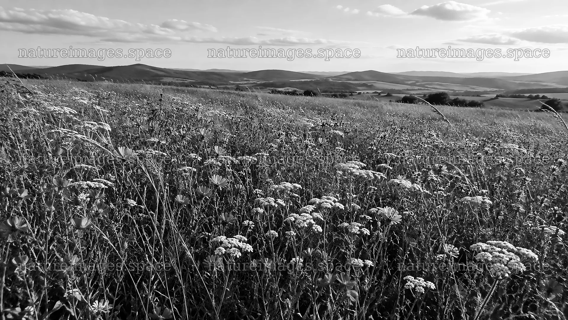 Black and White Wildflower Meadow and Hills – nature images 10324x5812