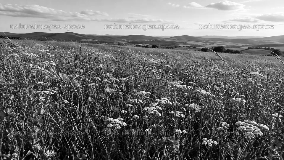 Black and White Wildflower Meadow and Hills – nature images 10324x5812