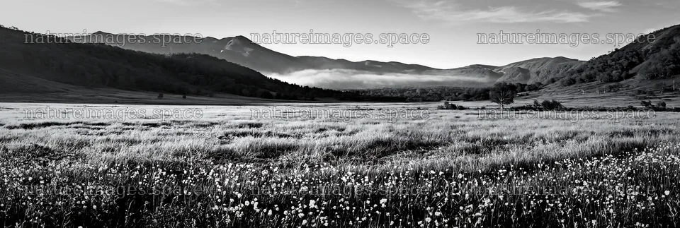 Biodiverse Nagano silver grass meadow dew in morning light – nature images 13690x4602