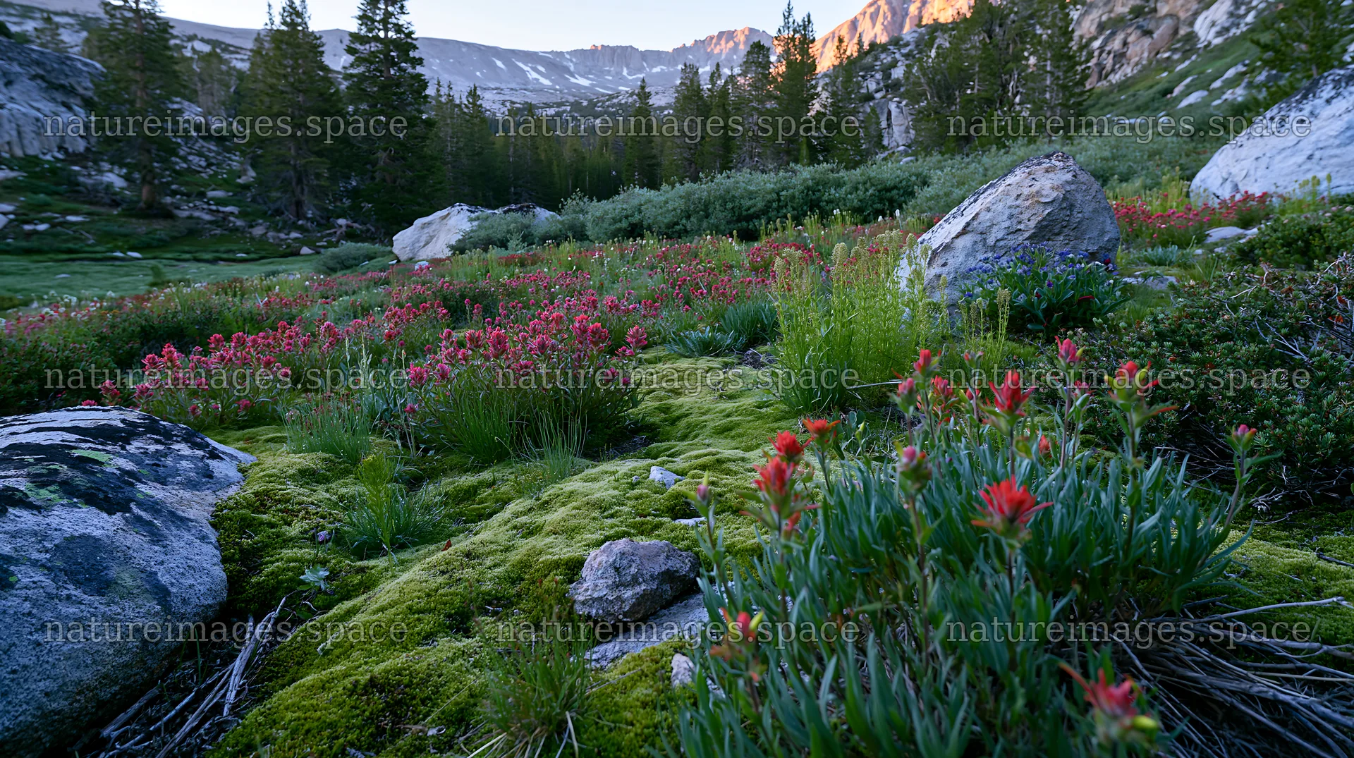 Mossy boulder meadow with flowers and rocky landscape – nature images 10608x5938