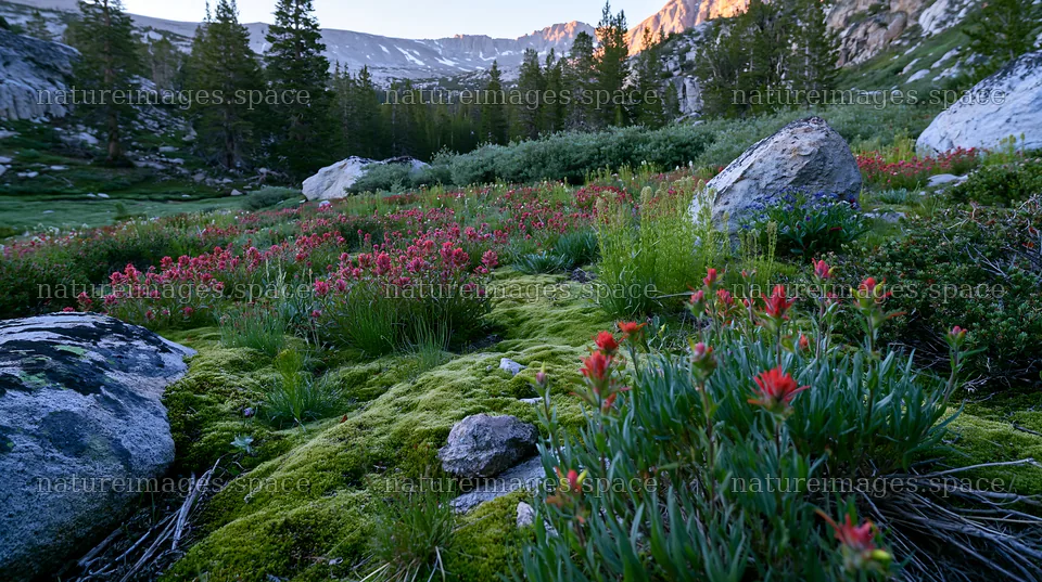 Mossy boulder meadow with flowers and rocky landscape – nature images 10608x5938