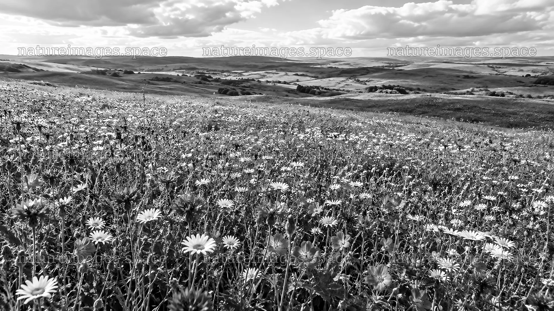 Black and White Wildflower Meadow and Hills – nature images 10324x5812