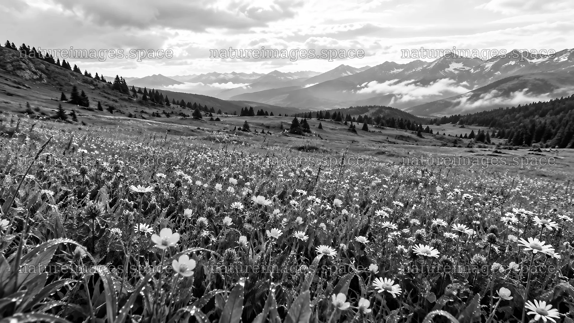 Black and White Mountain Meadow Panorama – nature images 10324x5812