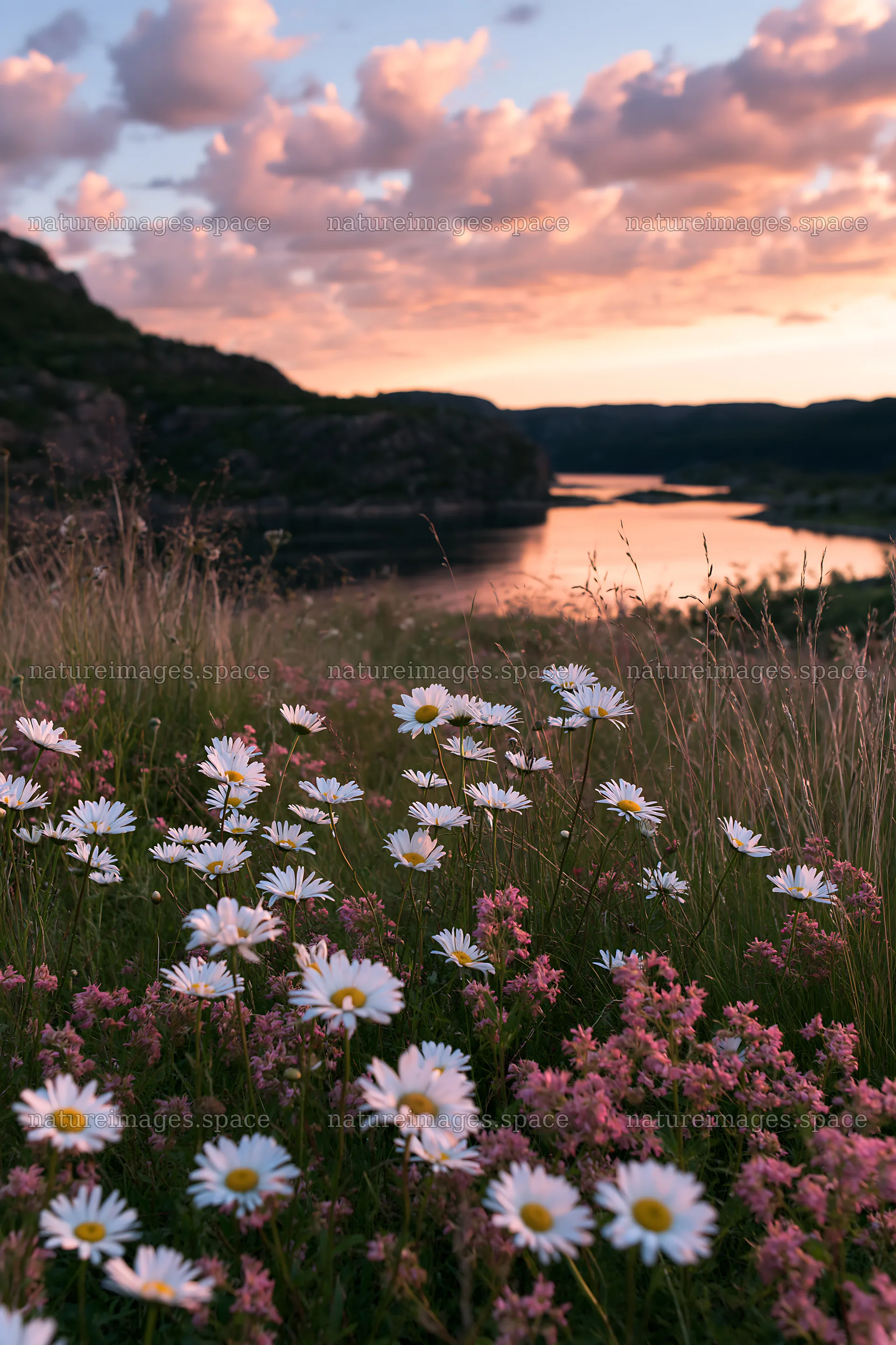 Colorful daisy meadow at sunset near a calm body of water – nature images 6480x9722
