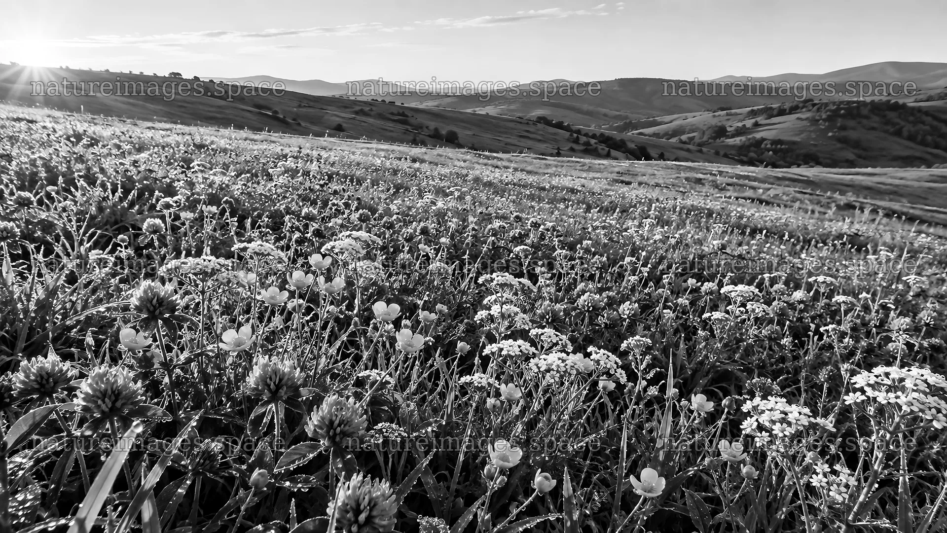 Monochrome Wildflower Meadow and Rolling Hills – nature images 10324x5812