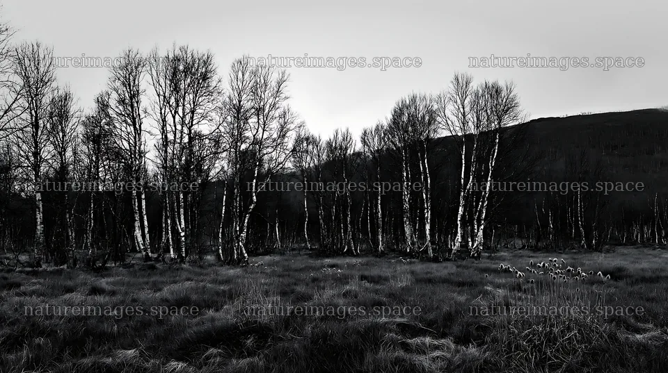 Birch trees in a meadow surrounded by a forest – nature images 10608x5938