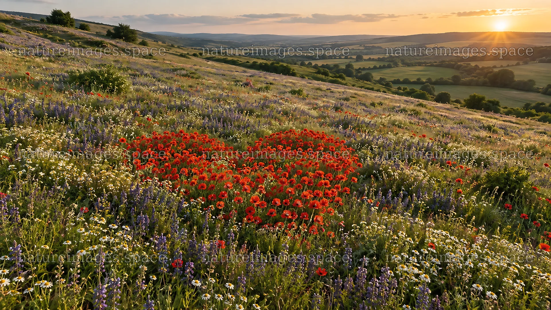 Heart-Shaped Red Flowers in a Sunset Meadow – nature images 10324x5812