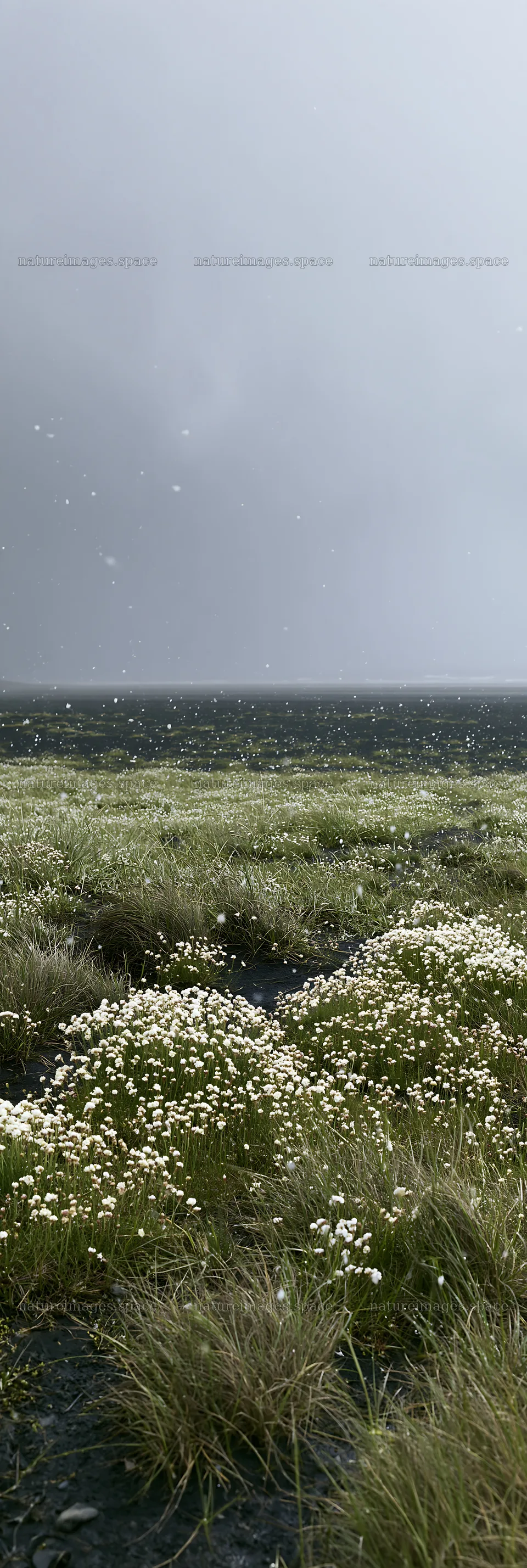 Snowy beach meadow with flowers and ocean in background – nature images 4602x13690