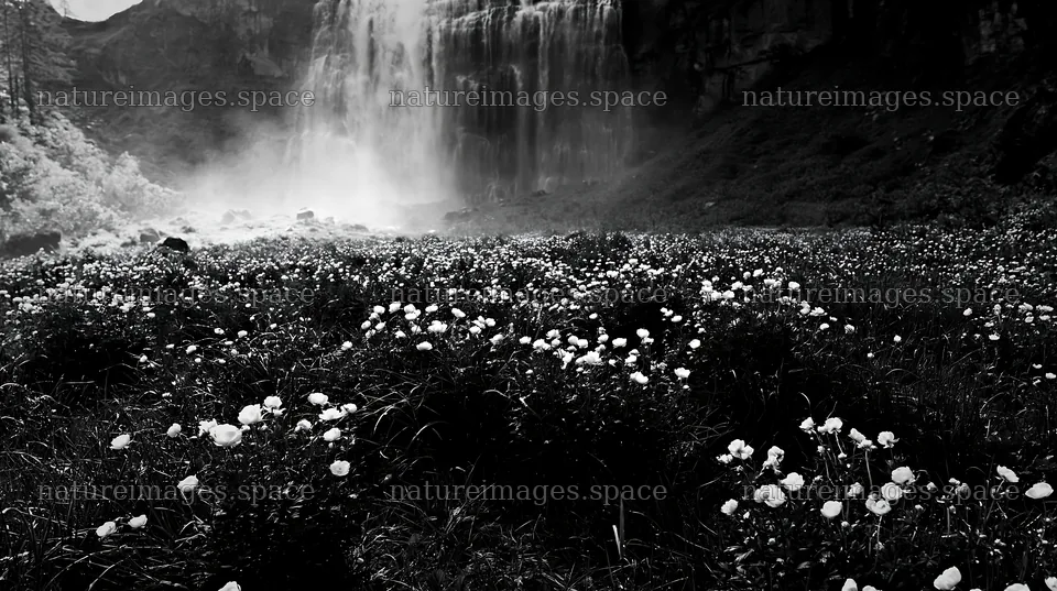 Misty waterfall and flower meadow landscape – nature images 10608x5938