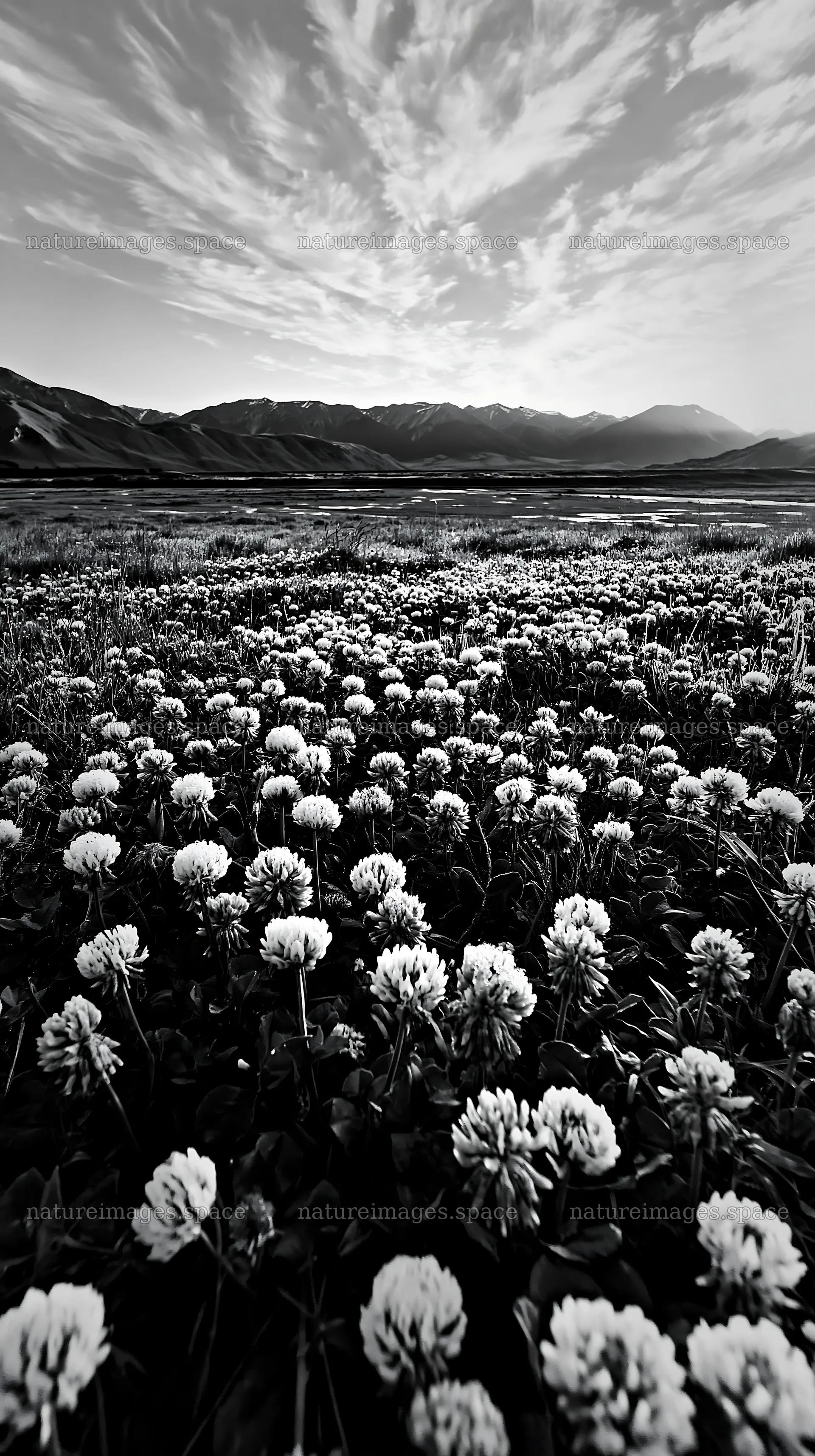 Clover meadow covered in dew at dawn with mountain backdrop – nature images 5938x10608