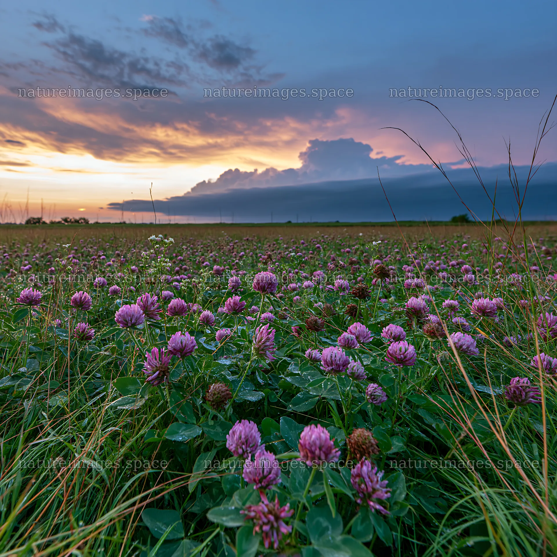 Clover meadow with dew under a colorful sky – nature images 7938x7938