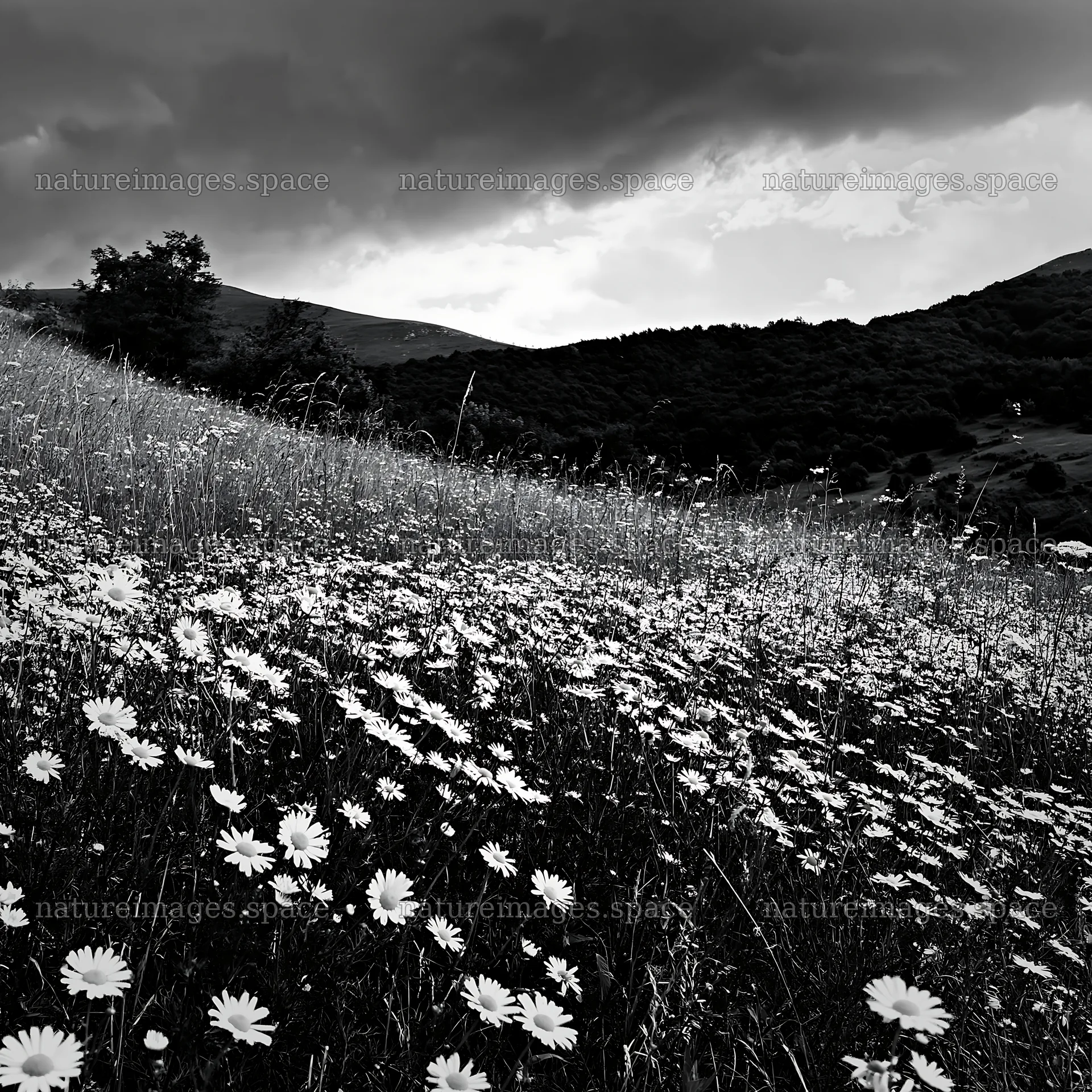 Chamomile meadow with dark clouds in the background – nature images 7938x7938