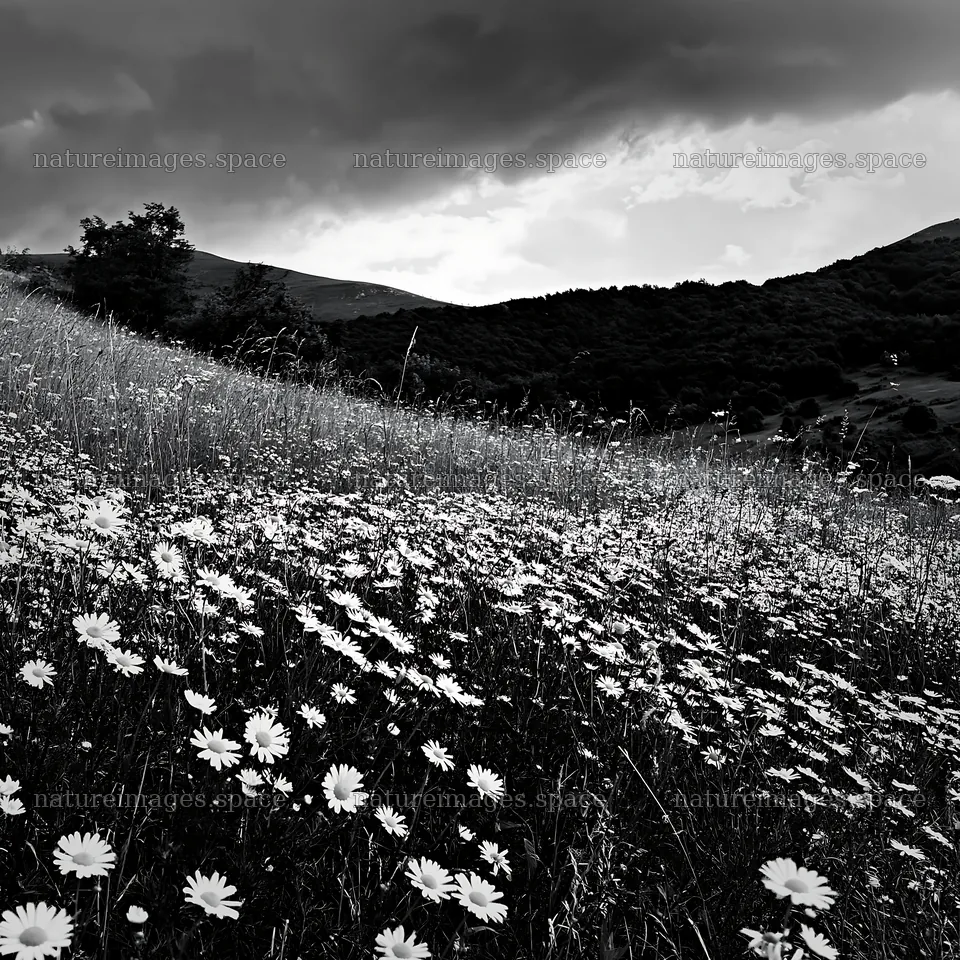 Chamomile meadow with dark clouds in the background – nature images 7938x7938