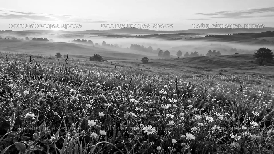 Misty Wildflower Meadow at Dawn in Monochrome – nature images 10324x5812