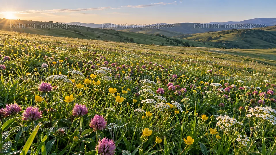 Wildflower Meadow in Warm Evening Light – nature images 10324x5812