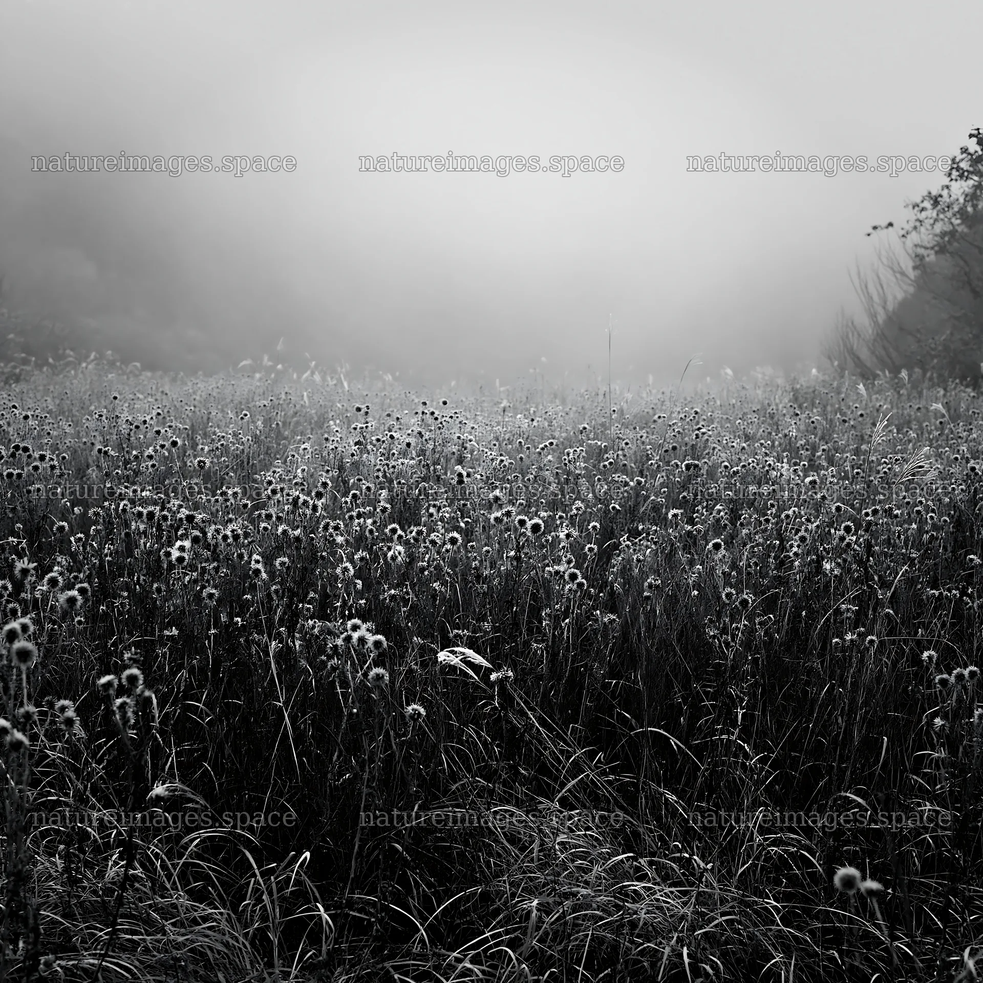 Ehime twilight meadow with dry seedheads in foggy setting – nature images 7938x7938