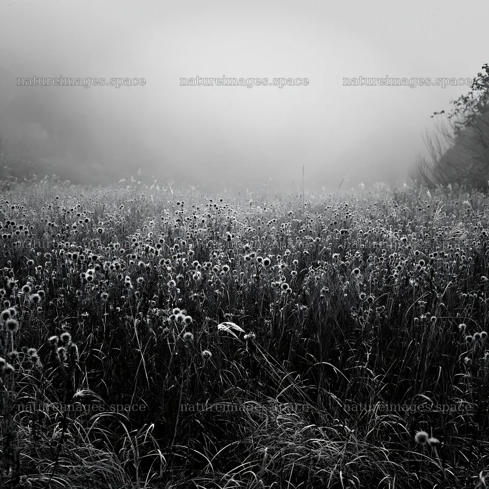 Ehime twilight meadow with dry seedheads in foggy setting – nature images 7938x7938