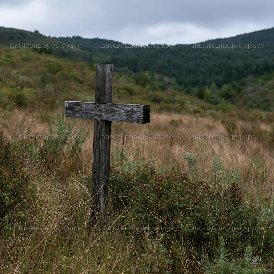 Wooden Christian cross in mountain meadow – nature images 7938x7938