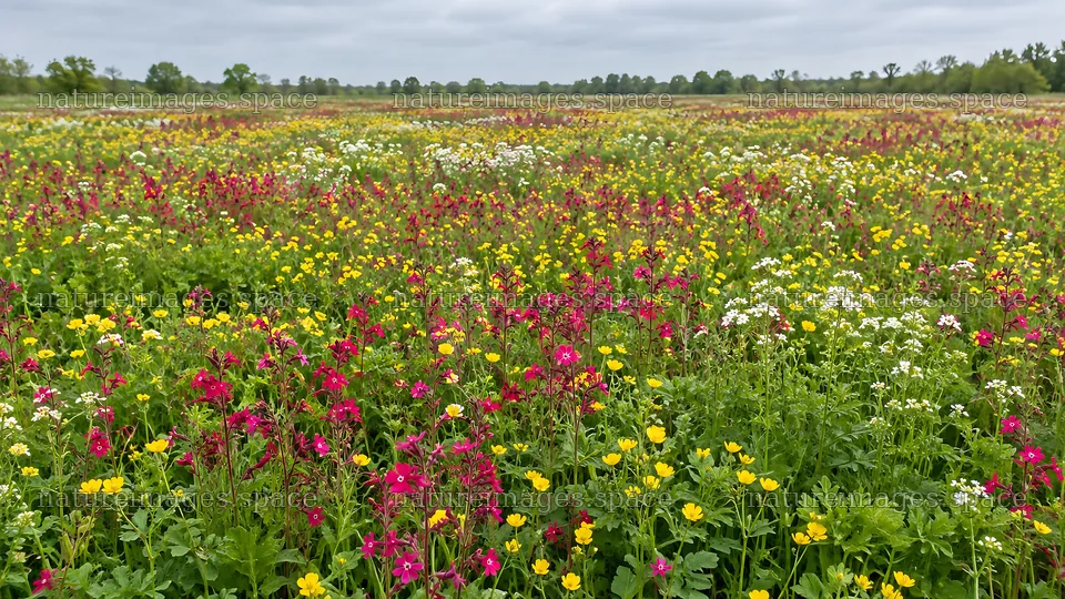 Colorful flowers fill a meadow beneath a cloudy sky – nature images 10324x5812