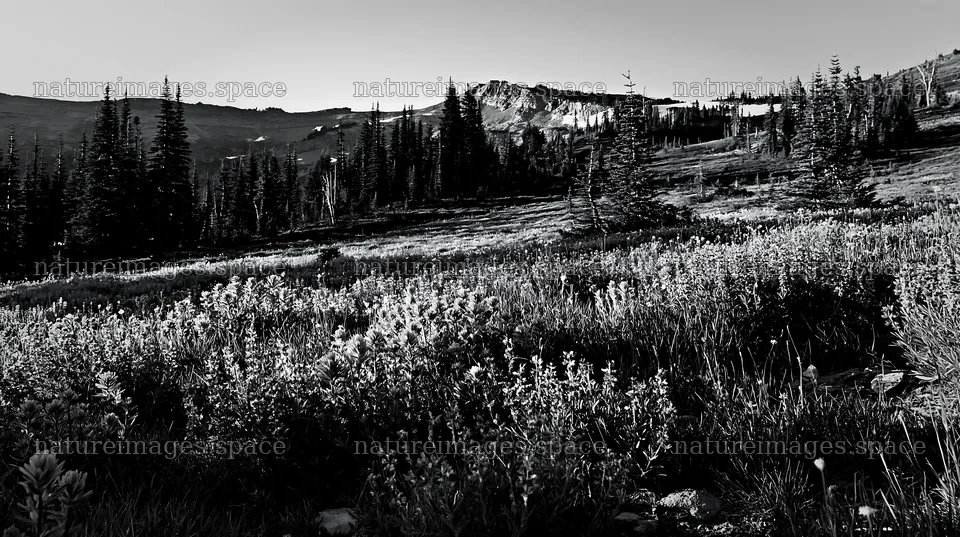 Vibrant snowmelt meadow with wildflowers in a mountainous area – nature images 10608x5938