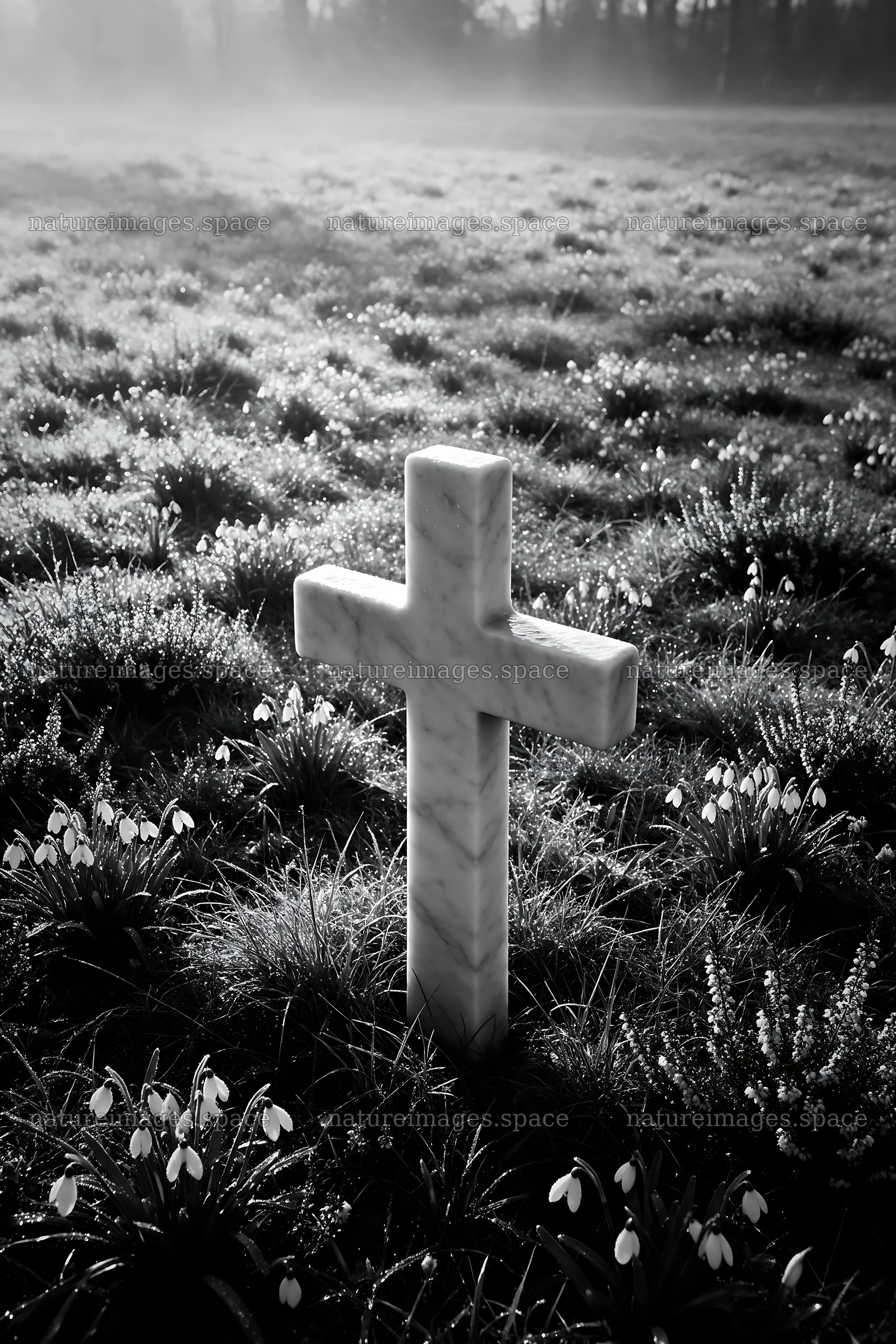 Christian cross in winter meadow with low sunlight – nature images 6480x9722