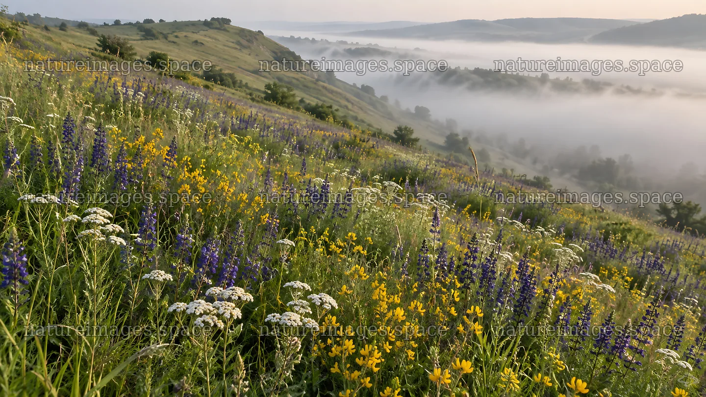 Wildflower Meadow Above a Misty Valley – nature images 10324x5812