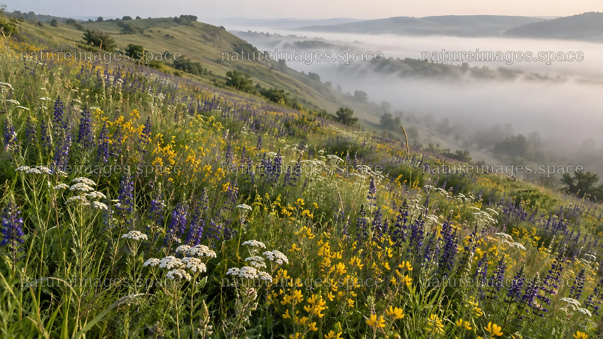 Wildflower Meadow Above a Misty Valley – nature images 10324x5812