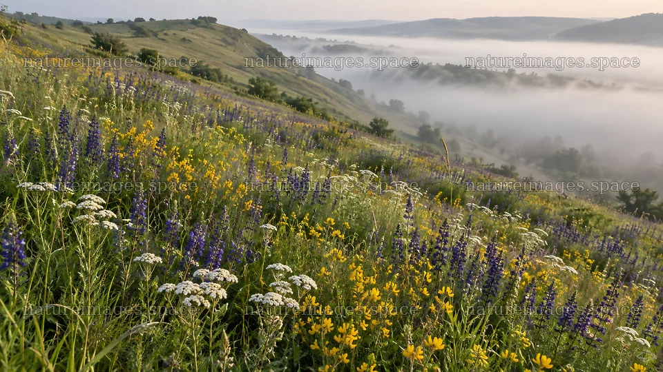 Wildflower Meadow Above a Misty Valley – nature images 10324x5812