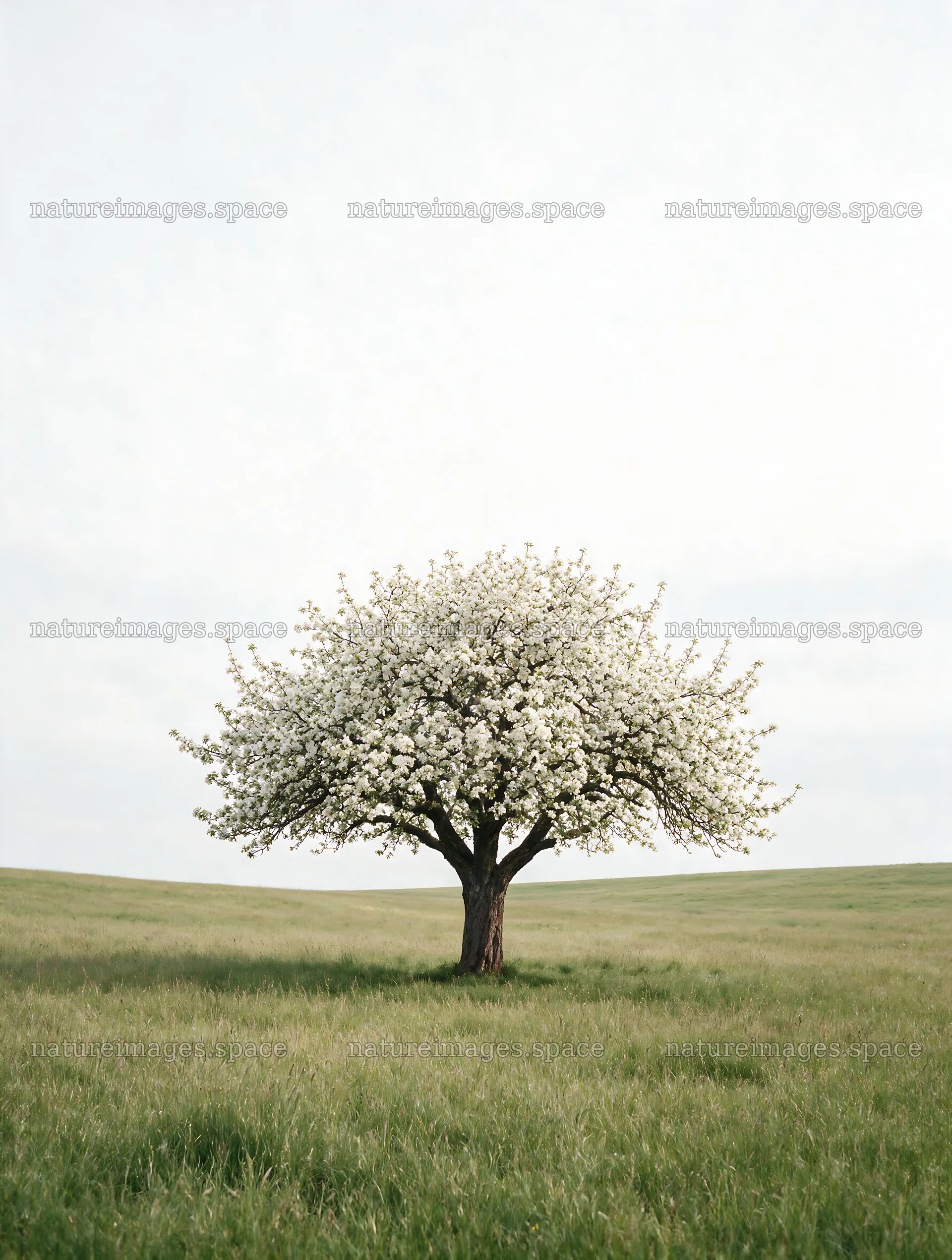 Apple blossom meadow with a single tree in a grassy field – nature images 6898x9134