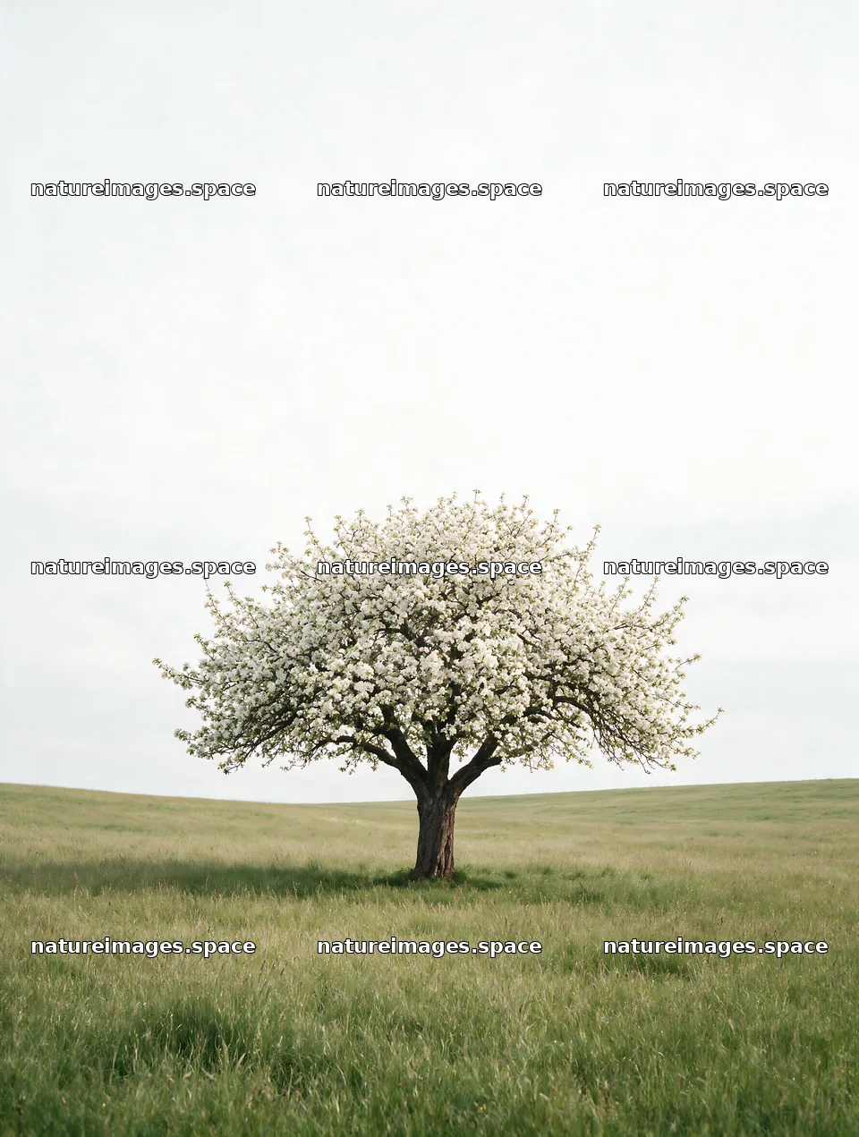 Apple blossom meadow with a single tree in a grassy field – nature images 6898x9134