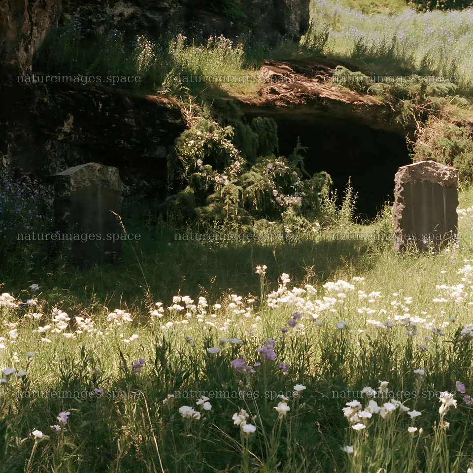 Christmas wreaths near cave in meadow with flowers – nature images 7938x7938
