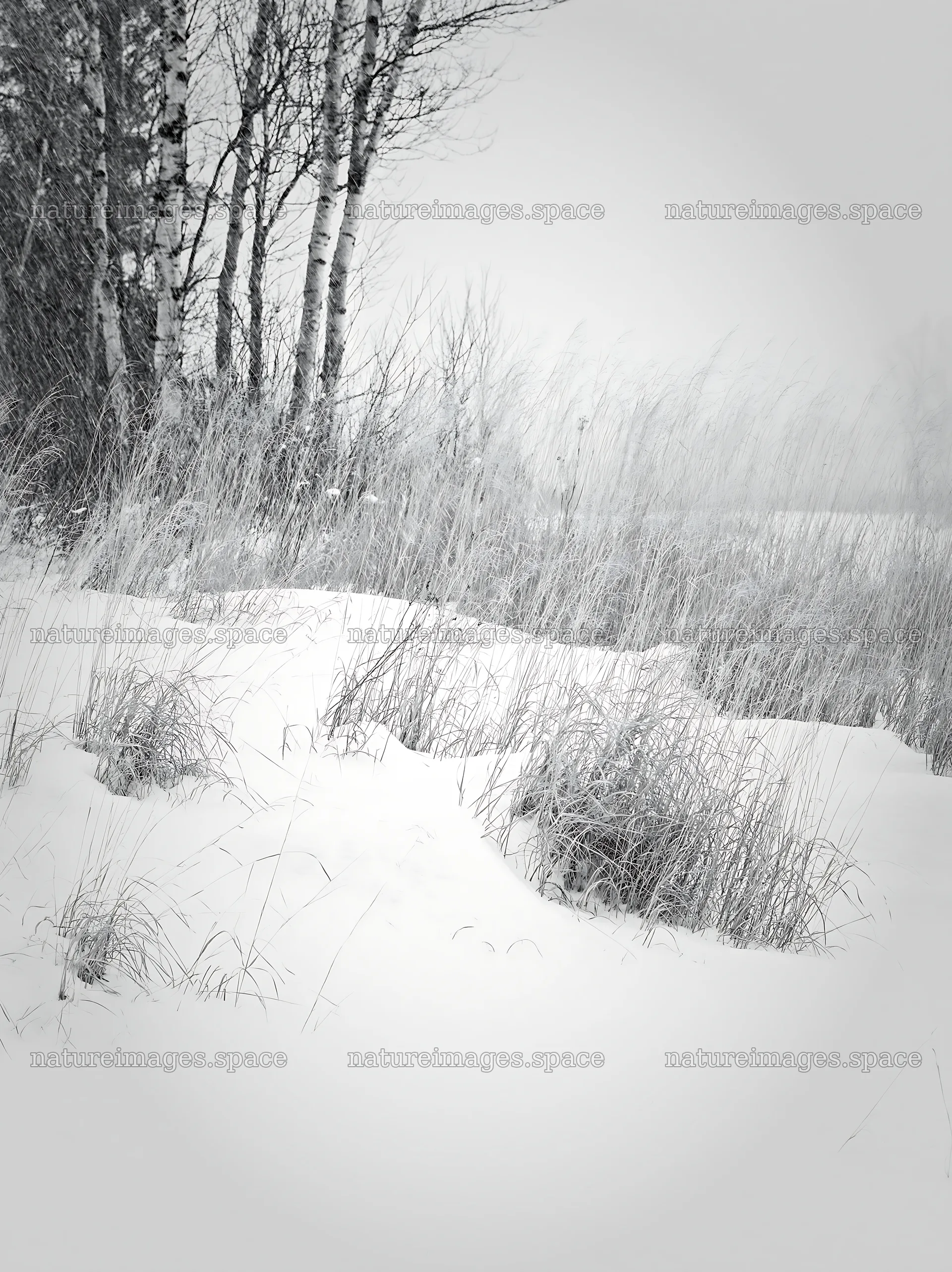 Snowbound meadow with tall grasses beneath a cloudy sky – nature images 6866x9174