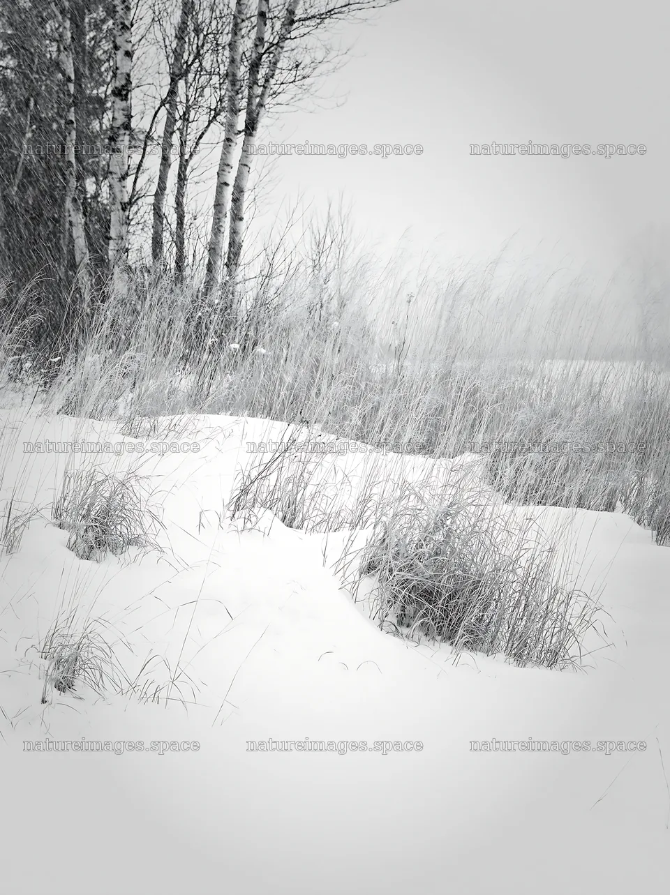 Snowbound meadow with tall grasses beneath a cloudy sky – nature images 6866x9174